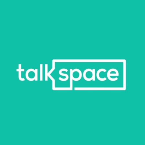 A logo for Talkspace, a teletherapy service. The logo features the word "talk" in lowercase white letters, followed by the word "space" enclosed in a rectangular speech bubble outline. The background is a solid teal color.