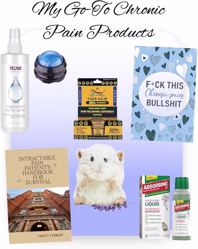 A collection of chronic pain relief essentials on a blue and purple gradient background. Featured items include: NOW magnesium topical spray, a blue handheld massage roller, Tiger Balm ultra strength ointment, a bold notebook that says “Fck This Chronic Pain Bullsht,” Intractable Pain Patient’s Handbook for Survival by Forest Tennant, a plush white heating pad shaped like a hamster, and Absorbine Jr. pain relieving liquid. These products aim to provide comfort, muscle relief, and emotional validation for chronic pain management.