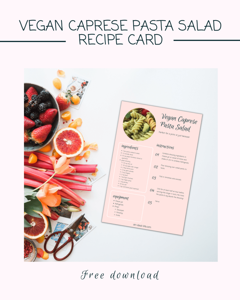 Vegan Caprese Pasta Salad Recipe Card Download