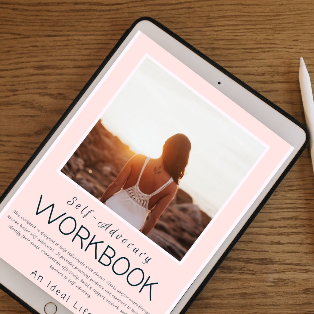 A tablet resting on a wooden surface displays the cover of a “Self-Advocacy Workbook.” The cover features a photo of a woman with a tattoo on her upper back, wearing a white top and looking toward a sunset over rocky terrain. The background is soft pink with elegant black text reading “Self-Advocacy Workbook.” A brief description states the workbook is designed to help individuals with chronic illnesses or neurodivergence advocate for themselves.