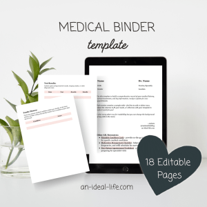 Medical Binder template cover featuring an editable medical binder displayed on a tablet with sample pages for “Test Results” and “Family History” layered in front. Text reads “MEDICAL BINDER template,” “18 Editable Pages,” and “an-ideal-life.com.”