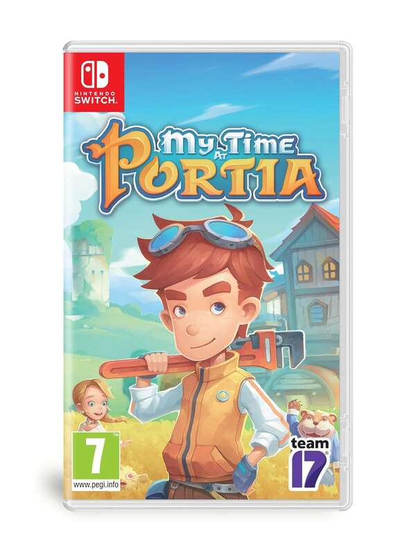 Cover art for the Nintendo Switch game My Time at Portia. It features a cartoon-style character holding a large wrench, with a bright countryside background and buildings. Other characters appear in the distance. The PEGI rating is 7, and the game is developed by Team17.