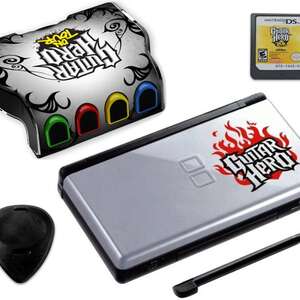Image showing the Guitar Hero: On Tour bundle for the Nintendo DS. It includes the Guitar Hero game cartridge, a special guitar grip accessory with four colored fret buttons (green, red, yellow, blue), a guitar pick stylus, and a silver Nintendo DS Lite with a red flame Guitar Hero logo decal.