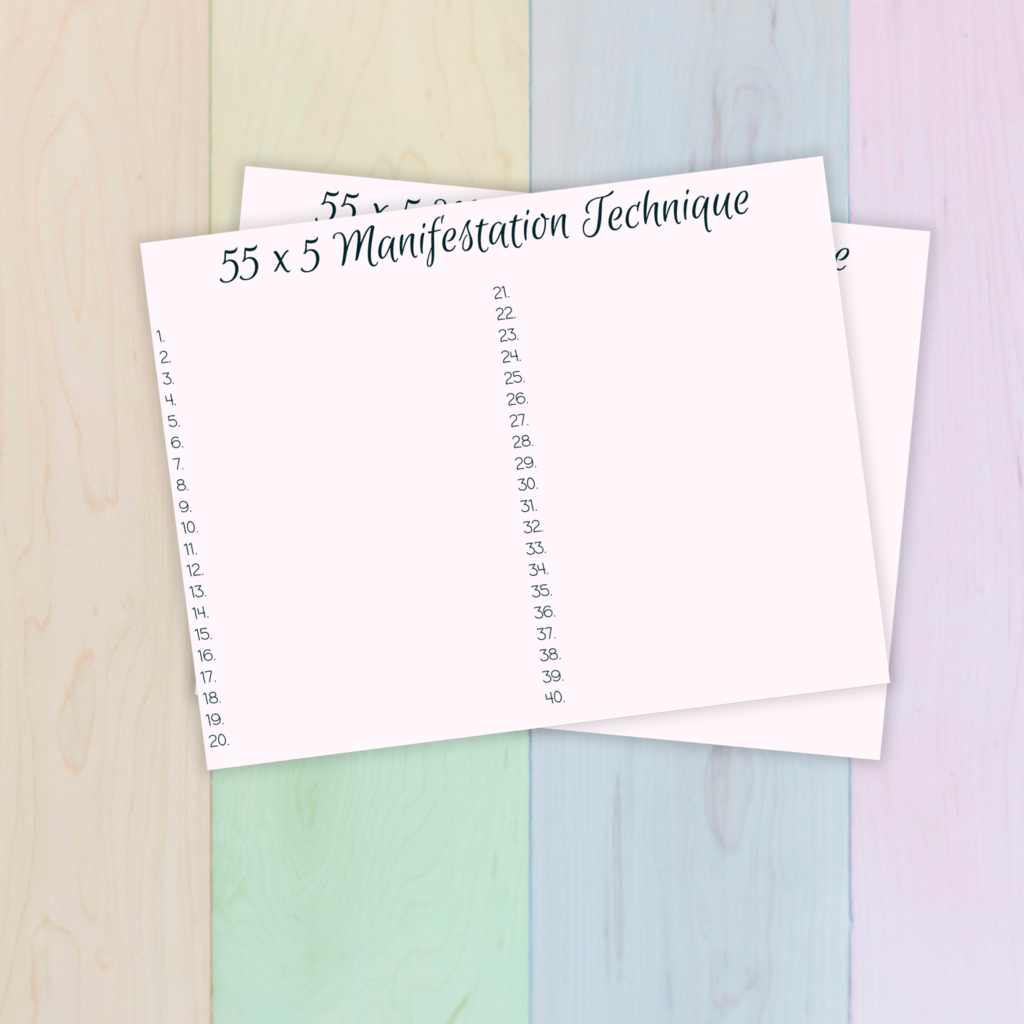 A printable worksheet titled "55 x 5 Manifestation Technique" placed on a pastel-colored wooden background with panels in soft beige, green, blue, and pink. The sheet features numbered lines from 1 to 40 in two columns, designed for writing affirmations as part of a manifestation practice. Another identical sheet is partially visible underneath, showing part of the same heading. The design is minimal and clean, emphasizing focus and repetition.