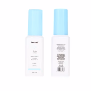 Two white bottles of Dermasil Blueberry Serum shown front and back against a plain white background. Each has a light blue cap. The front label reads “Hydra Serum” with Blueberry Extract, Ceramides, and Pro-Vitamin B5, and notes “Hydrate” and “Luminate,” 50 ml (1.7 fl oz). The back label displays ingredients, directions, warnings, and a barcode.