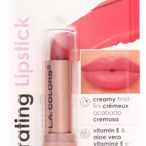Product packaging for L.A. Colors Hydrating Victory red lipstick in shade C62147 “Victory.” The gold tube with clear cap is shown beside a bold red lipstick swipe and a close-up image of lips wearing the shade. Text highlights a creamy finish and vitamin E with aloe vera. Cruelty-free icon in the top corner. Net weight 0.11 oz (3.2 g).