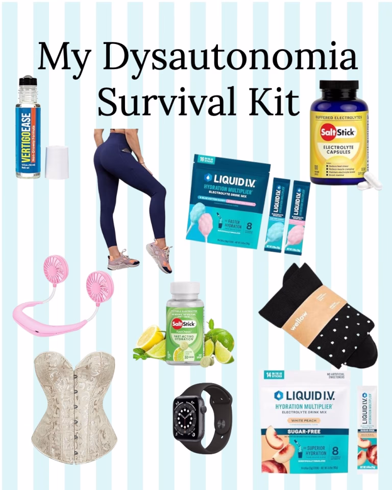 Image depicts a collection of items titled "My Dysautonomia Survival Kit," including electrolyte supplements, hydration products, a wearable smartwatch, a corset, cooling fans, athletic wear, and socks, set against a striped background.
