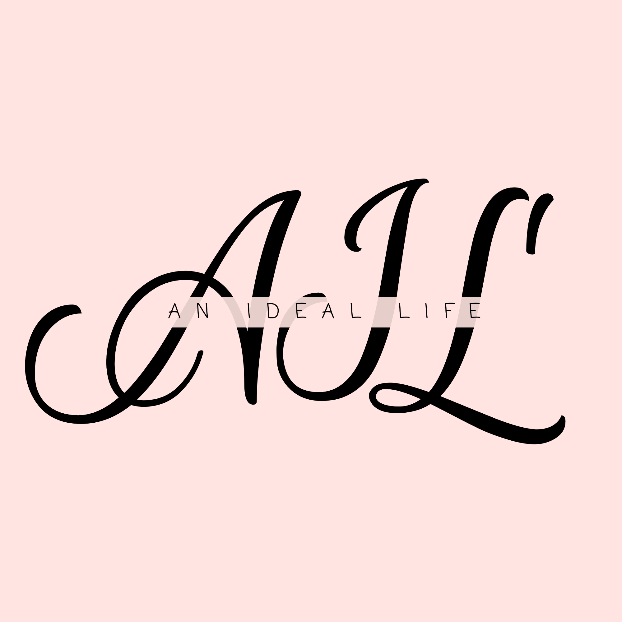 An Ideal Life (AIL) logo in black on a pale blush pink background, featuring a large script “AIL” with “AN IDEAL LIFE” in thin uppercase letters across the center.