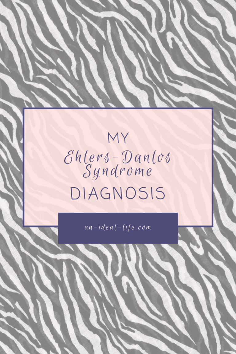 Gray-and-white zebra print background with a pale pink text box centered on top. Text reads: “My Ehlers-Danlos Syndrome Diagnosis.” A purple banner below displays the website: “an-ideal-life.com.”