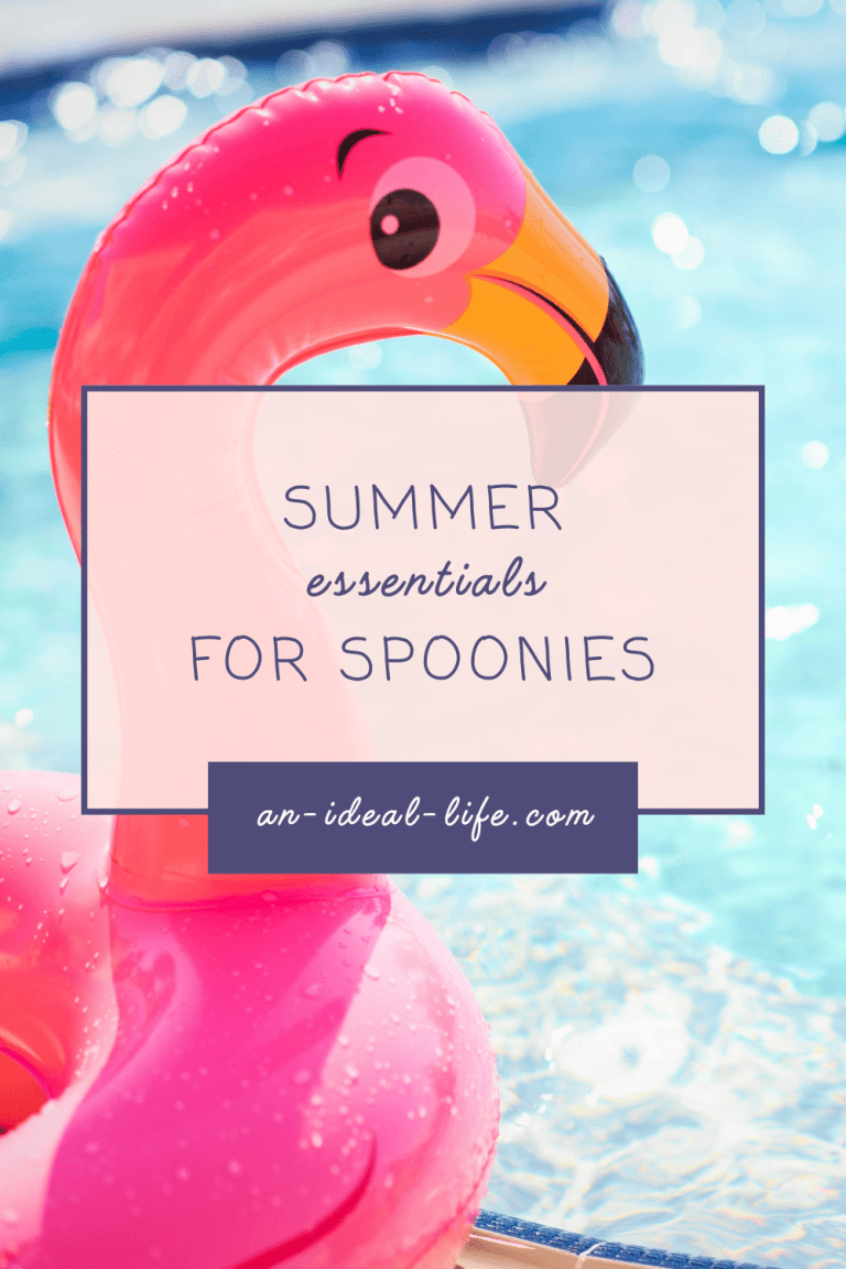 Text graphic over a photograph of a pink flamingo pool float in a swimming pool. The text reads “SUMMER essentials FOR SPOONIES” and “an-ideal-life.com.”